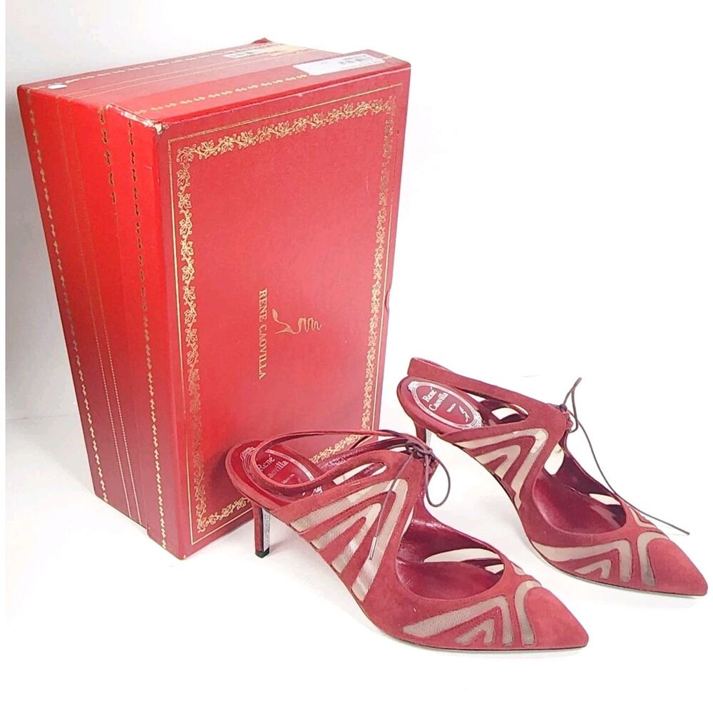 RENE CAOVILLA Red Leather & Mesh Slingback Heels US 7 UK 4 EU 37 Made in Italy